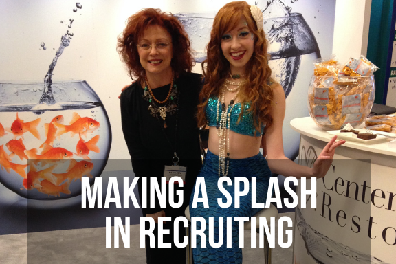 Pair of women, one in a mermaid costume, with headline 'making a splash in recruiting'