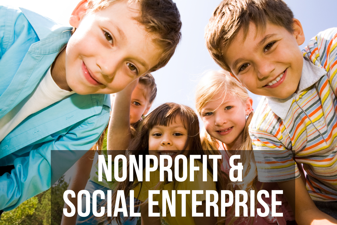 Headline 'nonprofit' over a group of smiling kids looks at the camera
