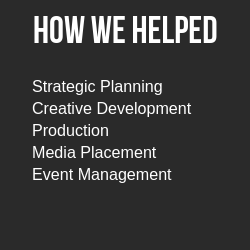 How we helped: strategic planning, creative development, production, media placement, event management