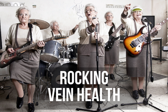 A group of grannies in a rock band with the headline 'rocking vein health'