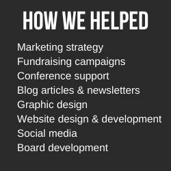 How we helped; marketing strategy, board development, fundraising, conferences, blogs, newsletters, design, media
